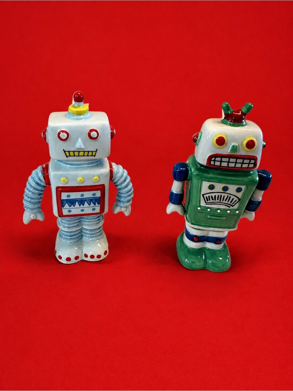 Ceramic Robot Figurine Set - Green & Light Blue